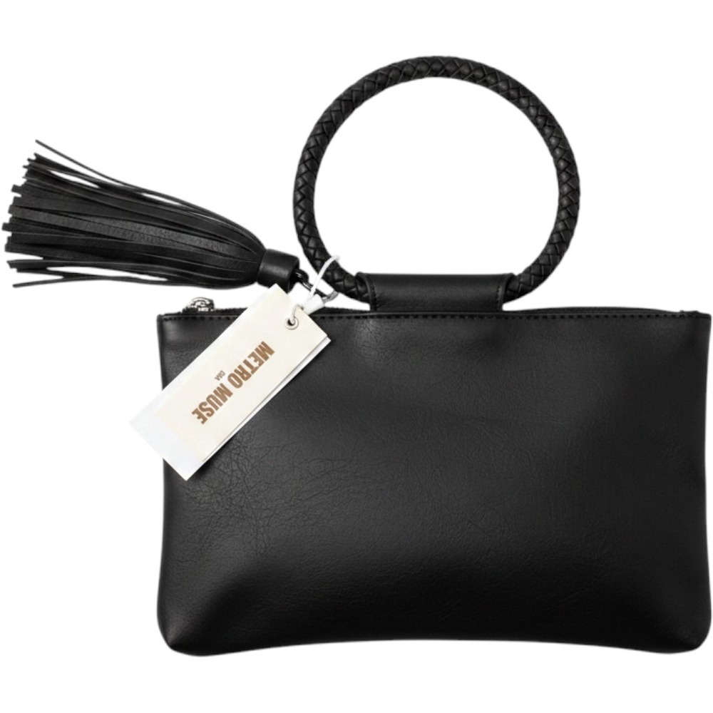 Metro Muse Black Vegan Leather Ring Handle Clutch‎ Tassel JYM-0346 Evening Bag